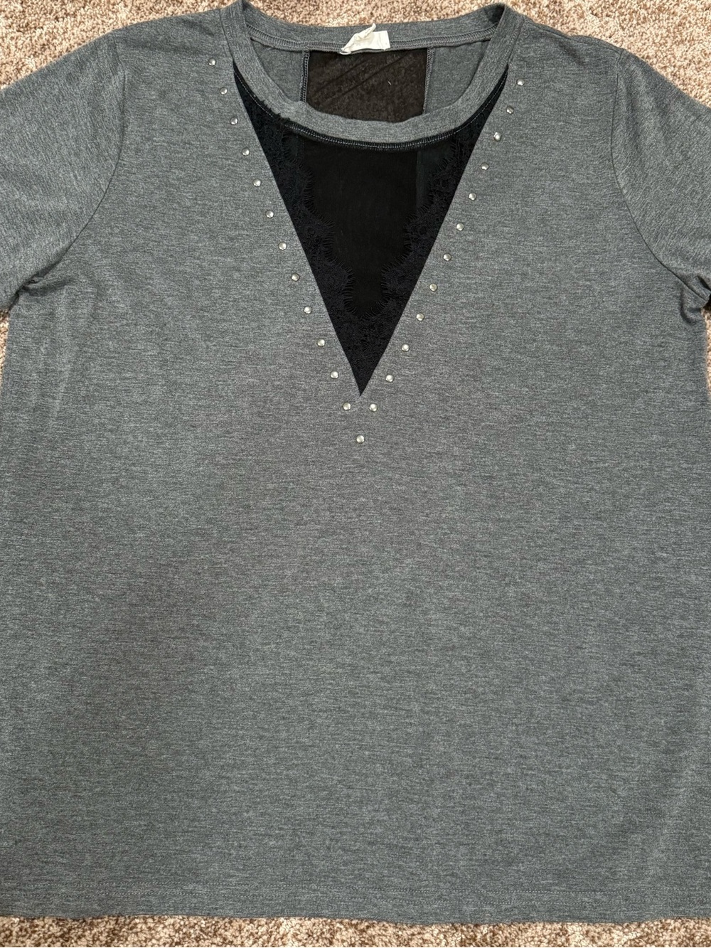 Hem & Thread Gray Short Sleeve Tee with Black Lace V and Studs